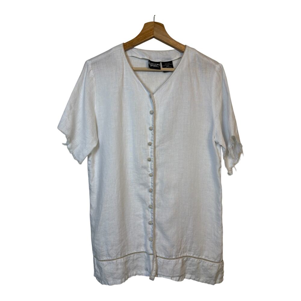 Crossing Pointe White 100% Linen Knot Button Front Blouse Medium Short Sleeve